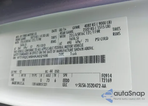 2017 Ford Transit-250 z USA, uszkodzony, nr VIN 1FTYR2CM9HKA02106